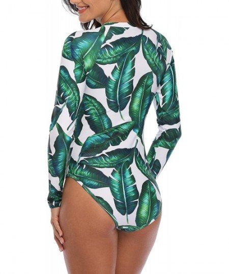 Rash Guards Women Rash Guard Long Sleeve One Piece with Zipper Surfing Bathing Suit Swimsuit UPF 50 - Green Floral 2 - C118XW...