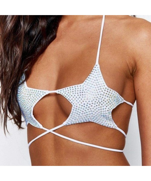 Sets Women Sexy Bandage Swimsuit Star Bra Diamond Sequin Thong Two Piece Bikini Sets Swimwear Bathing Suit - White - CT18RUKW9LI