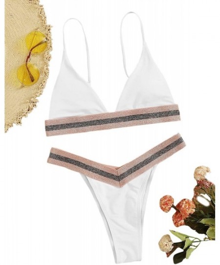 Sets Women's 2 Piece Swimsuit Triangle Bikini Set High Cut Thong Cheeky Bathing Suit - White - CB196GA6D90