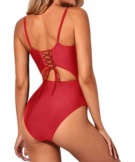 One-Pieces Women Cutout High Waisted One Piece Swimsuit Tie Knot High Cut Monokini - Red - CE1938ADIRY