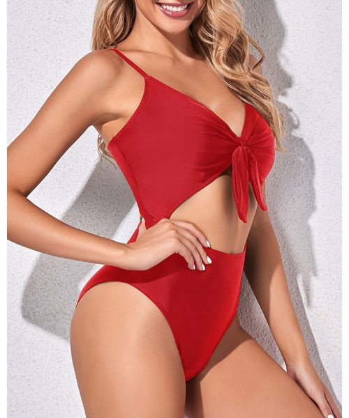 One-Pieces Women Cutout High Waisted One Piece Swimsuit Tie Knot High Cut Monokini - Red - CE1938ADIRY