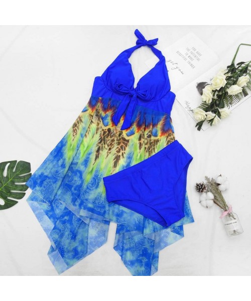 Racing 2 Piece Tankini Set Plus Size Mesh Halter Bathing Suits Floral Printed Flowy Swim Dress Swimsuit - Blue02 - CU194OW2SYM