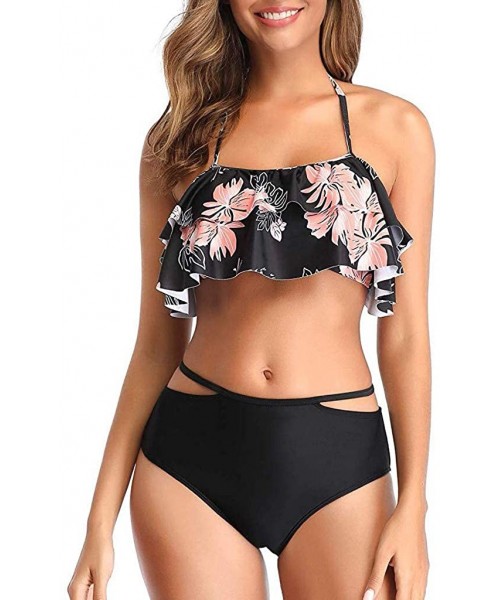 Sets Women's Floral Print Bikini Set Ruffle High Waisted Halter Two Piece Swimsuit - Black - CX199ZWIIY9