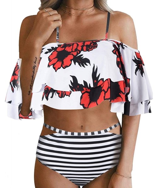 Sets Women Bathing Suit 2pc Sets Ruffled Off Shoulder Bikini Top Print Cut Out Shorts - M-white Flower - CP18SYKAKZZ