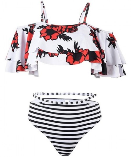 Sets Women Bathing Suit 2pc Sets Ruffled Off Shoulder Bikini Top Print Cut Out Shorts - M-white Flower - CP18SYKAKZZ