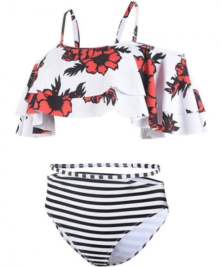 Sets Women Bathing Suit 2pc Sets Ruffled Off Shoulder Bikini Top Print Cut Out Shorts - M-white Flower - CP18SYKAKZZ