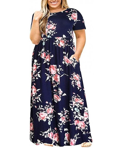 Cover-Ups Women's Short Sleeve Loose Plain Maxi Dresses Casual Long Dresses with Pockets Summer Plus Size Dress HD617 Navy - ...