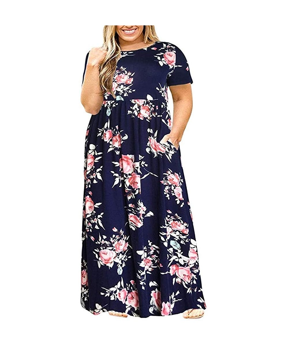 Cover-Ups Women's Short Sleeve Loose Plain Maxi Dresses Casual Long Dresses with Pockets Summer Plus Size Dress HD617 Navy - ...