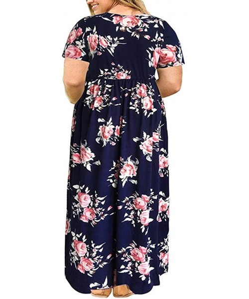 Cover-Ups Women's Short Sleeve Loose Plain Maxi Dresses Casual Long Dresses with Pockets Summer Plus Size Dress HD617 Navy - ...