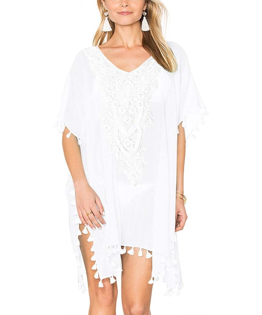 Cover-Ups Batwing Lace Beach Coverups for Women Crochet Floral Beach Wear Pom Trimmed Cover Up Loose Sheer Beachwear White - ...