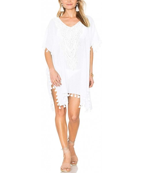 Cover-Ups Batwing Lace Beach Coverups for Women Crochet Floral Beach Wear Pom Trimmed Cover Up Loose Sheer Beachwear White - ...