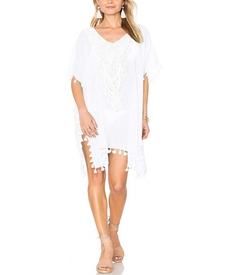 Cover-Ups Batwing Lace Beach Coverups for Women Crochet Floral Beach Wear Pom Trimmed Cover Up Loose Sheer Beachwear White - ...