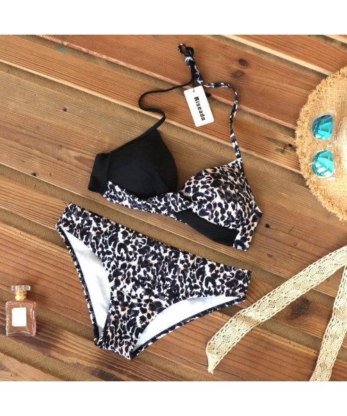 Sets Bikini Suit for Women Spegetti Strap Padded Bikini Set Push Up 2 Piece Swimsuit - Leopard Black - C819CZ3UG54