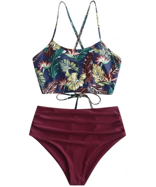 Rash Guards Women's Tropical Leaf Print Lace Up High Waisted Tankini Set Swimsuit - Wine - CB194LK86G3