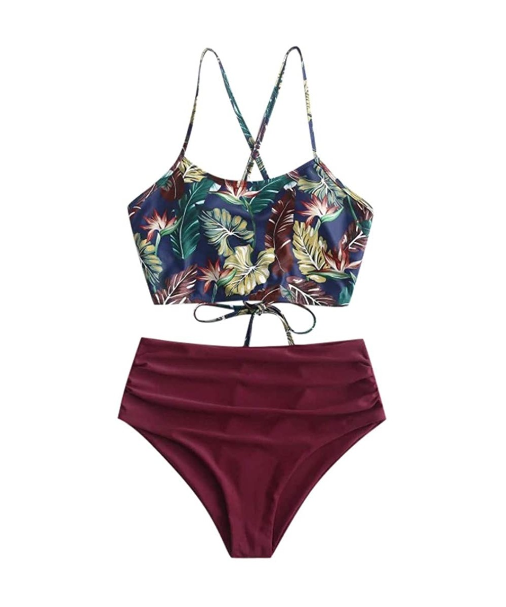 Rash Guards Women's Tropical Leaf Print Lace Up High Waisted Tankini Set Swimsuit - Wine - CB194LK86G3