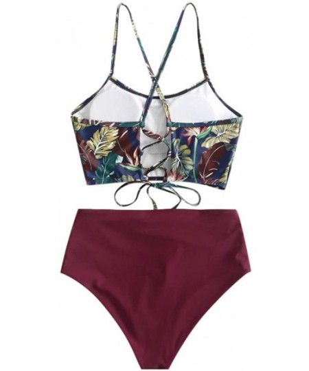 Rash Guards Women's Tropical Leaf Print Lace Up High Waisted Tankini Set Swimsuit - Wine - CB194LK86G3