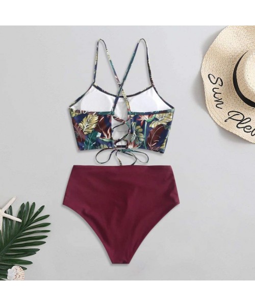 Rash Guards Women's Tropical Leaf Print Lace Up High Waisted Tankini Set Swimsuit - Wine - CB194LK86G3