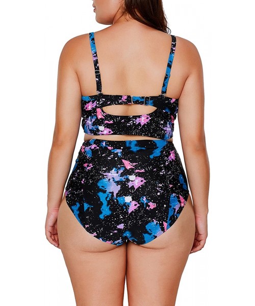 Sets Women's Strappy Hollow Out Floral Swimwear Plus Size High Waist Bikini Sets - Night - CE1890A3KZT