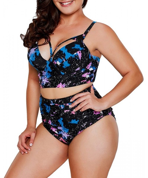 Sets Women's Strappy Hollow Out Floral Swimwear Plus Size High Waist Bikini Sets - Night - CE1890A3KZT