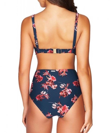 Sets Women's Tie Front Keyhole High Waisted 2 Piece Bikini Set Swimsuits - Navy Blue - CQ18RLW4WSO