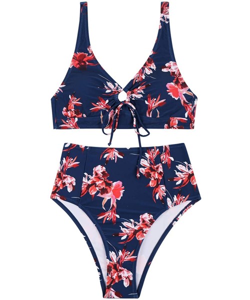 Sets Women's Tie Front Keyhole High Waisted 2 Piece Bikini Set Swimsuits - Navy Blue - CQ18RLW4WSO