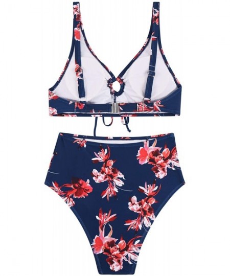 Sets Women's Tie Front Keyhole High Waisted 2 Piece Bikini Set Swimsuits - Navy Blue - CQ18RLW4WSO