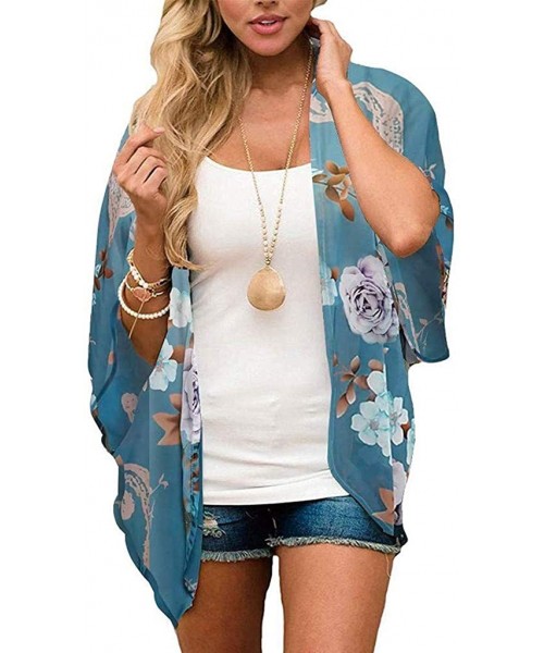 Cover-Ups Womens Swimsuit Cover Up Floral Chiffon Bathing Suit Cover Ups Kimono Cardigan Beach Cover Up - Blue - CU196WXCLAA