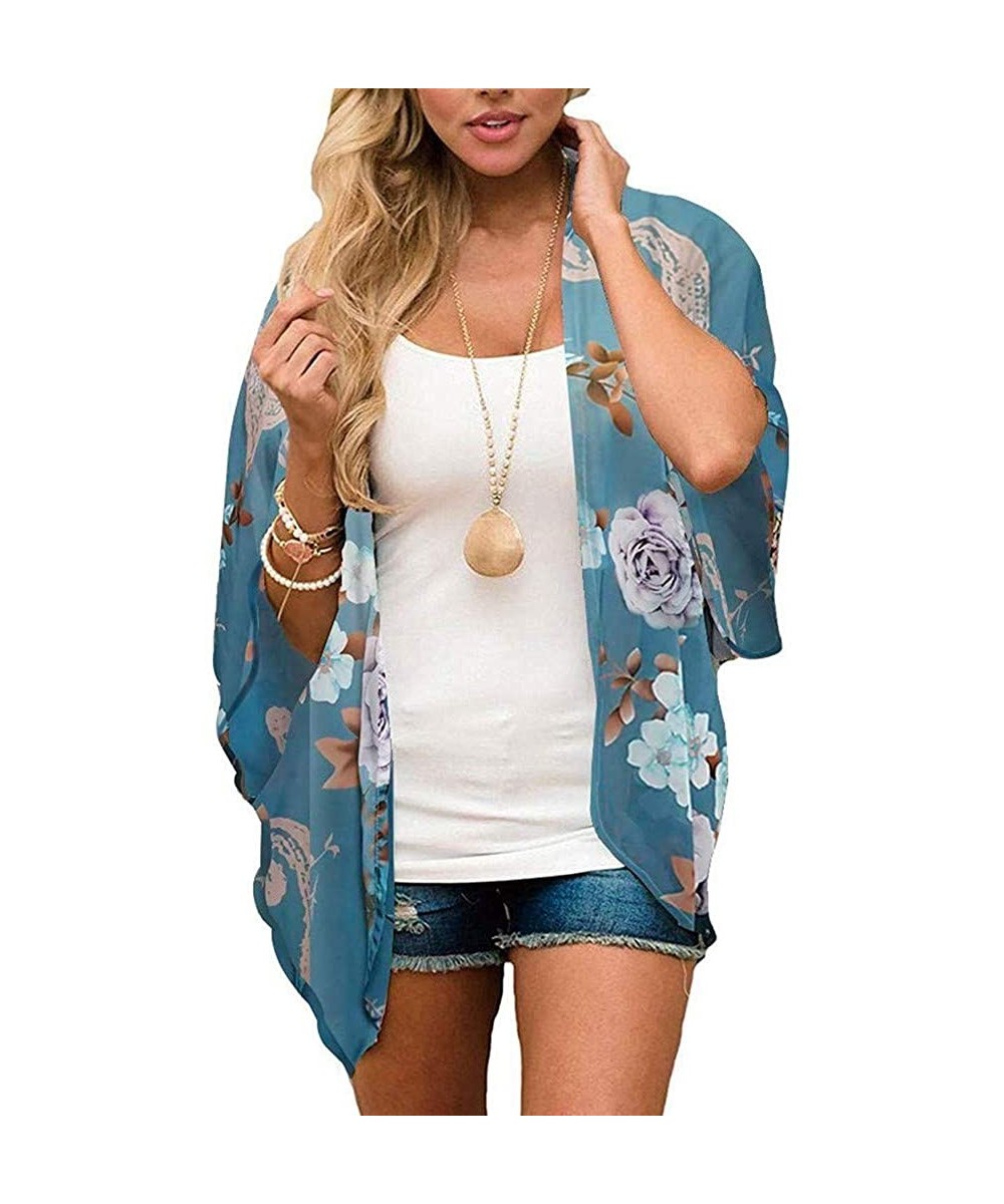 Cover-Ups Womens Swimsuit Cover Up Floral Chiffon Bathing Suit Cover Ups Kimono Cardigan Beach Cover Up - Blue - CU196WXCLAA