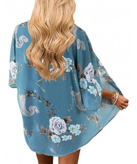 Cover-Ups Womens Swimsuit Cover Up Floral Chiffon Bathing Suit Cover Ups Kimono Cardigan Beach Cover Up - Blue - CU196WXCLAA