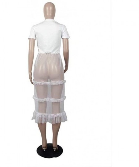 Cover-Ups Women Mesh See Through Dress Letter Print Pathwork Ruffle Cocktail Party Dress - White - CD18TM536UQ