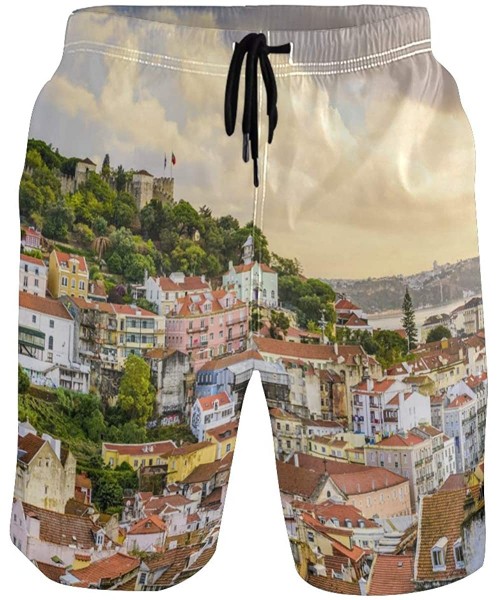 Board Shorts Men's Quick Dry Swim Trunks with Pockets Beach Board Shorts Bathing Suits - Lisbon Portugal Skyline at Sao Jorge...