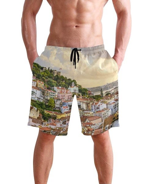 Board Shorts Men's Quick Dry Swim Trunks with Pockets Beach Board Shorts Bathing Suits - Lisbon Portugal Skyline at Sao Jorge...