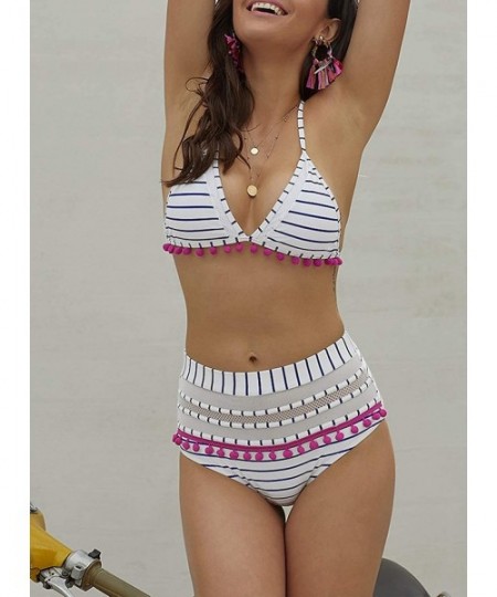 Sets Women's High Waist Two Pieces Bikini Set Padded Stripe Tassel Swimsuit - B-blue - CD18MCQHNZQ