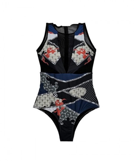 One-Pieces Women One Piece Flower Print Keyhole Mesh Halter Plunge Ruched Monokini Bathing Suits - Black1 - C618QMSM6K4