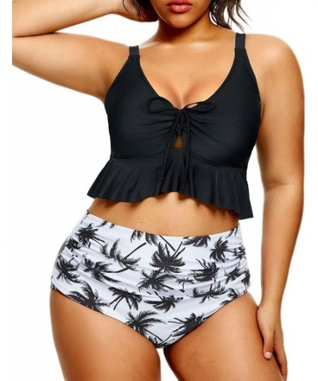 Sets Women High Waisted Bikini Plus Size Swimsuits Two Piece Ruffle Retro Bathing Suits - Black - CU1997DTYLE