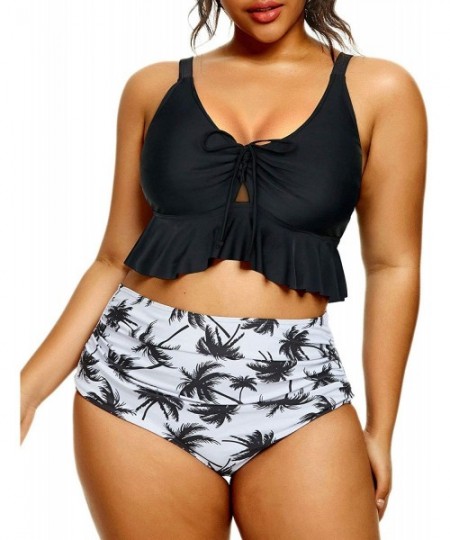 Sets Women High Waisted Bikini Plus Size Swimsuits Two Piece Ruffle Retro Bathing Suits - Black - CU1997DTYLE