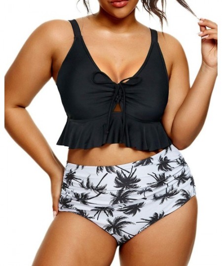 Sets Women High Waisted Bikini Plus Size Swimsuits Two Piece Ruffle Retro Bathing Suits - Black - CU1997DTYLE