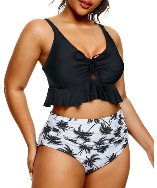 Sets Women High Waisted Bikini Plus Size Swimsuits Two Piece Ruffle Retro Bathing Suits - Black - CU1997DTYLE