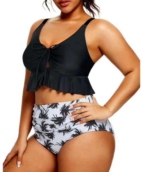 Sets Women High Waisted Bikini Plus Size Swimsuits Two Piece Ruffle Retro Bathing Suits - Black - CU1997DTYLE