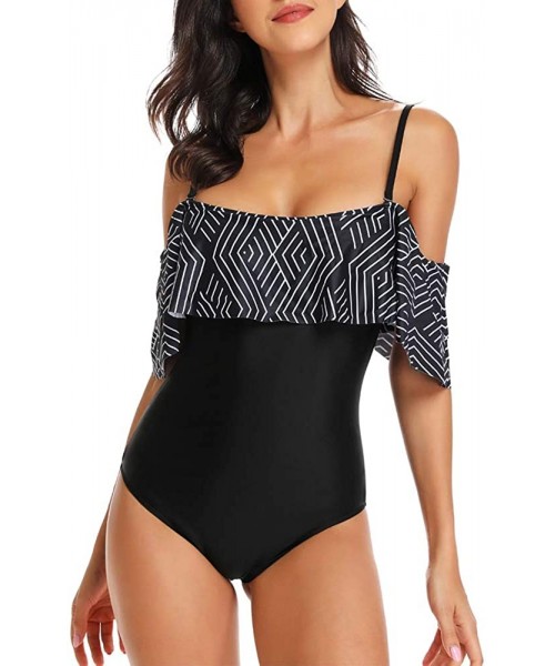 One-Pieces Women One Piece Vintage Printed Off Shoulder Flounce Ruffled Printed Monokini Swimsuits - Black a - CX18DONSXQD