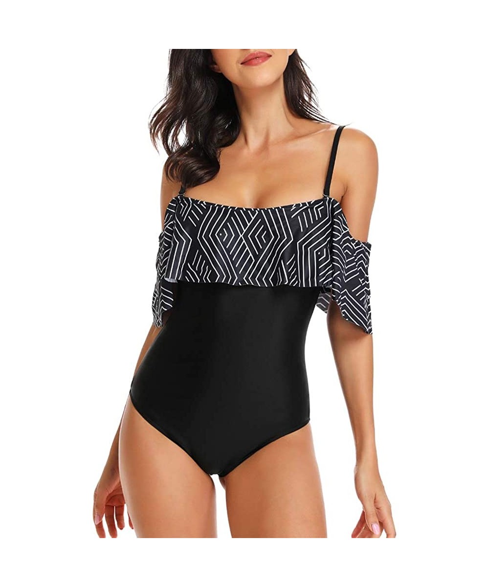 One-Pieces Women One Piece Vintage Printed Off Shoulder Flounce Ruffled Printed Monokini Swimsuits - Black a - CX18DONSXQD