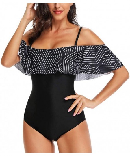 One-Pieces Women One Piece Vintage Printed Off Shoulder Flounce Ruffled Printed Monokini Swimsuits - Black a - CX18DONSXQD