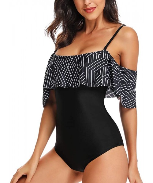 One-Pieces Women One Piece Vintage Printed Off Shoulder Flounce Ruffled Printed Monokini Swimsuits - Black a - CX18DONSXQD