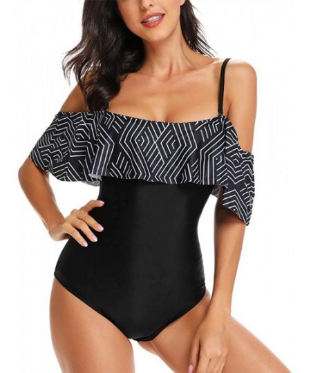 One-Pieces Women One Piece Vintage Printed Off Shoulder Flounce Ruffled Printed Monokini Swimsuits - Black a - CX18DONSXQD