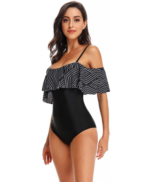 One-Pieces Women One Piece Vintage Printed Off Shoulder Flounce Ruffled Printed Monokini Swimsuits - Black a - CX18DONSXQD