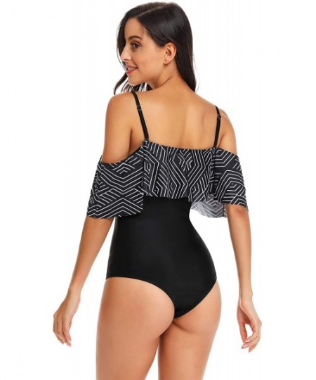 One-Pieces Women One Piece Vintage Printed Off Shoulder Flounce Ruffled Printed Monokini Swimsuits - Black a - CX18DONSXQD