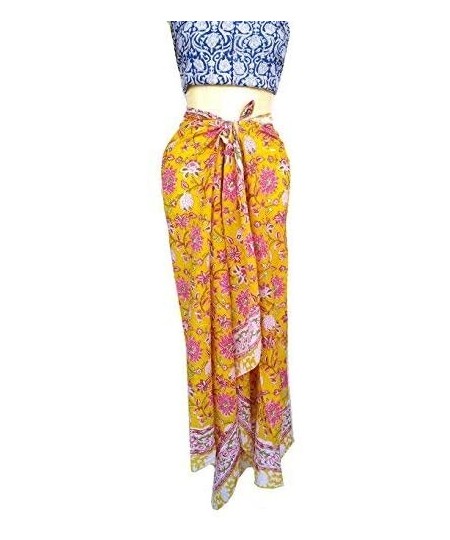 Cover-Ups 100% Cotton Hand Block Print Sarong Womens Swimsuit Wrap Cover Up Long (73" x 44") - Yellow 5 - CV189MUOM2I