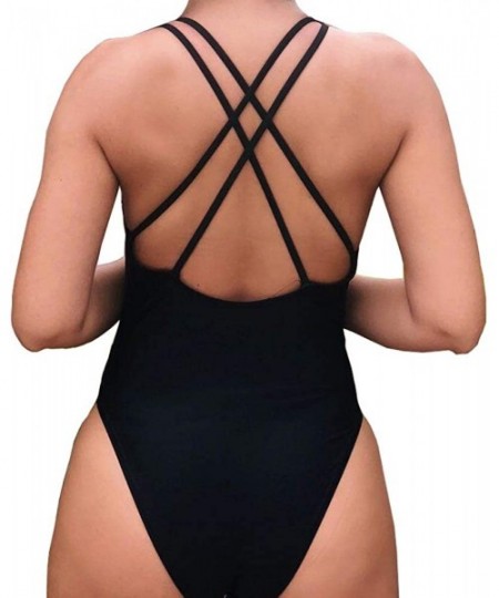 One-Pieces New Women 90s 80s Saying Print Criss Cross Back One Piece Swimsuit High Leg Swimwear Retro Straps Bathing Suit - C...