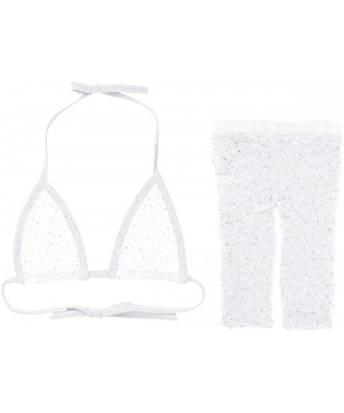 Tankinis 2Pcs Womens Sparkle Rhinestone Mesh Sheer Fishnet Tankini Set Lingerie Halter Bra Top Shorts Swimsuit - White - CB19...