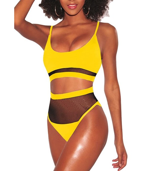 Sets Women's Sexy Wire Free Strappy Push Up Lined Two Piece Bikini Swimsuit - Mesh Yellow - CL18N9WMZME